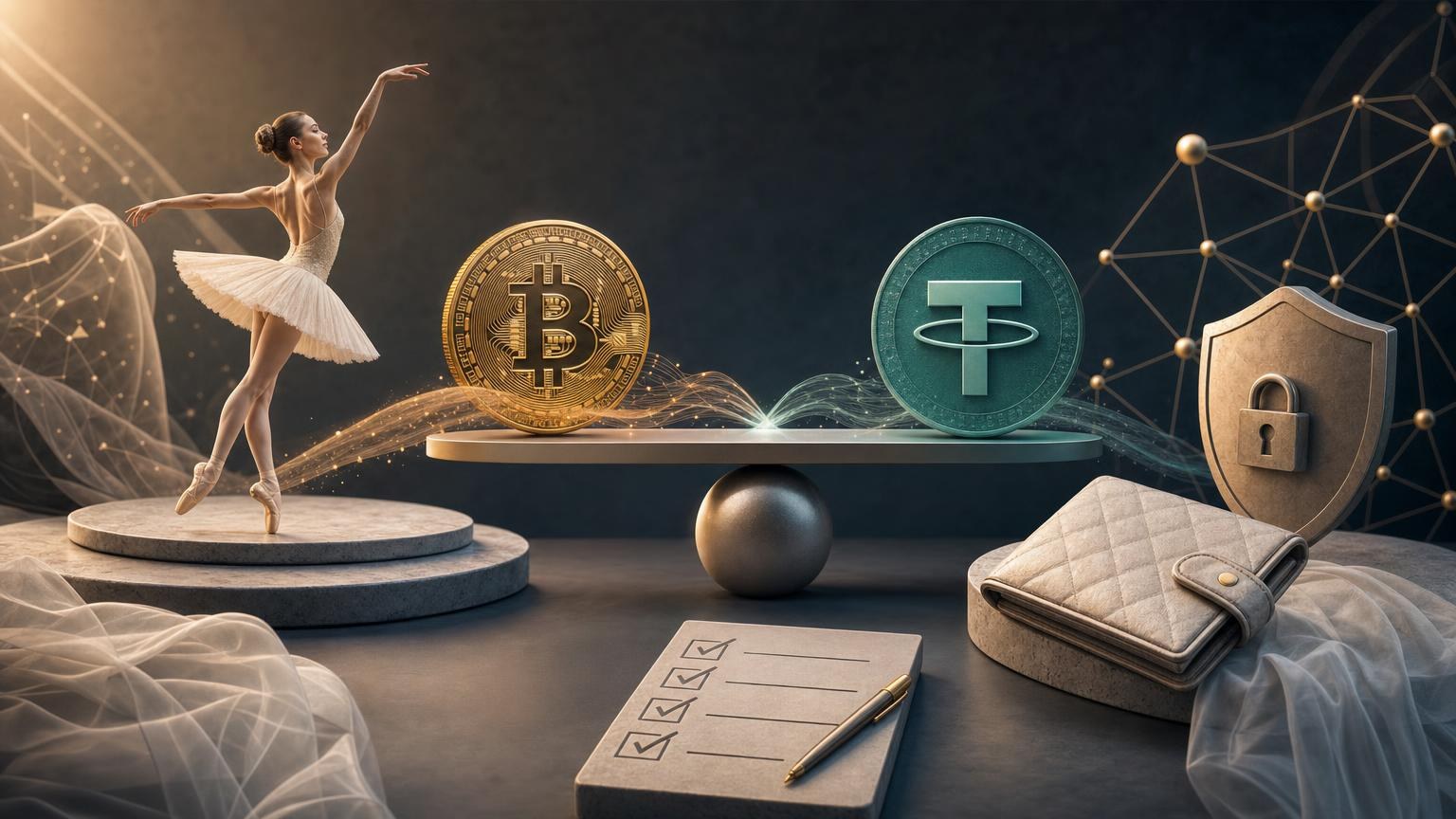 Bitcoin price chart beside a BTC-to-USDT exchange order, with network, transaction, confirmation, and slippage terms highlighted